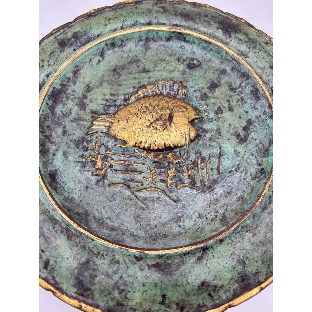 Vintage Italian Brass Fish Plate Verdigris Patina Wall Decor Made In Italy